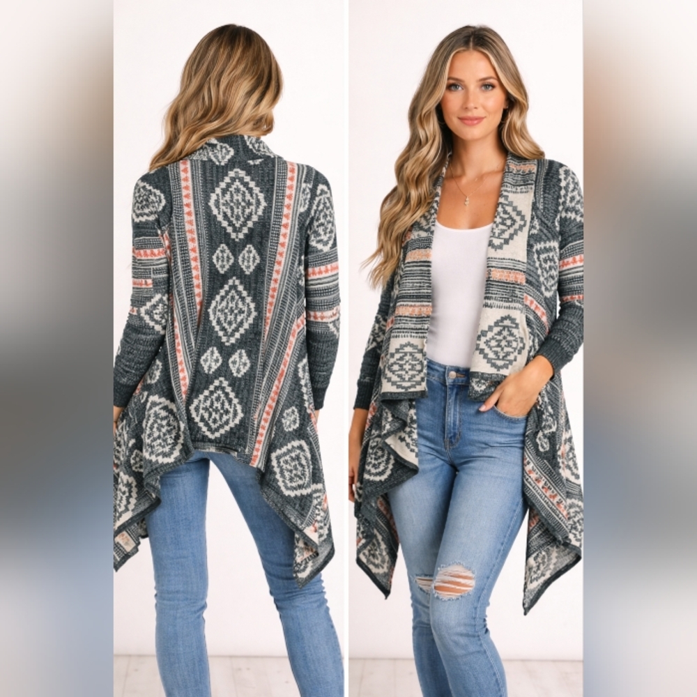 boho aztec waterfall cardigan open front drape sweater medium